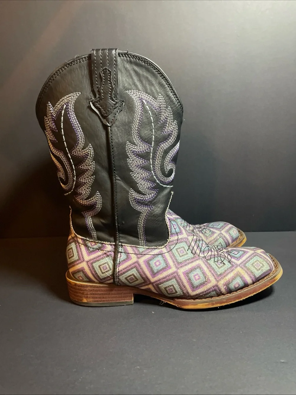 Roper Kids Glitter Diamonds Cowgirl Western Boots Purple Blue White Sz 2